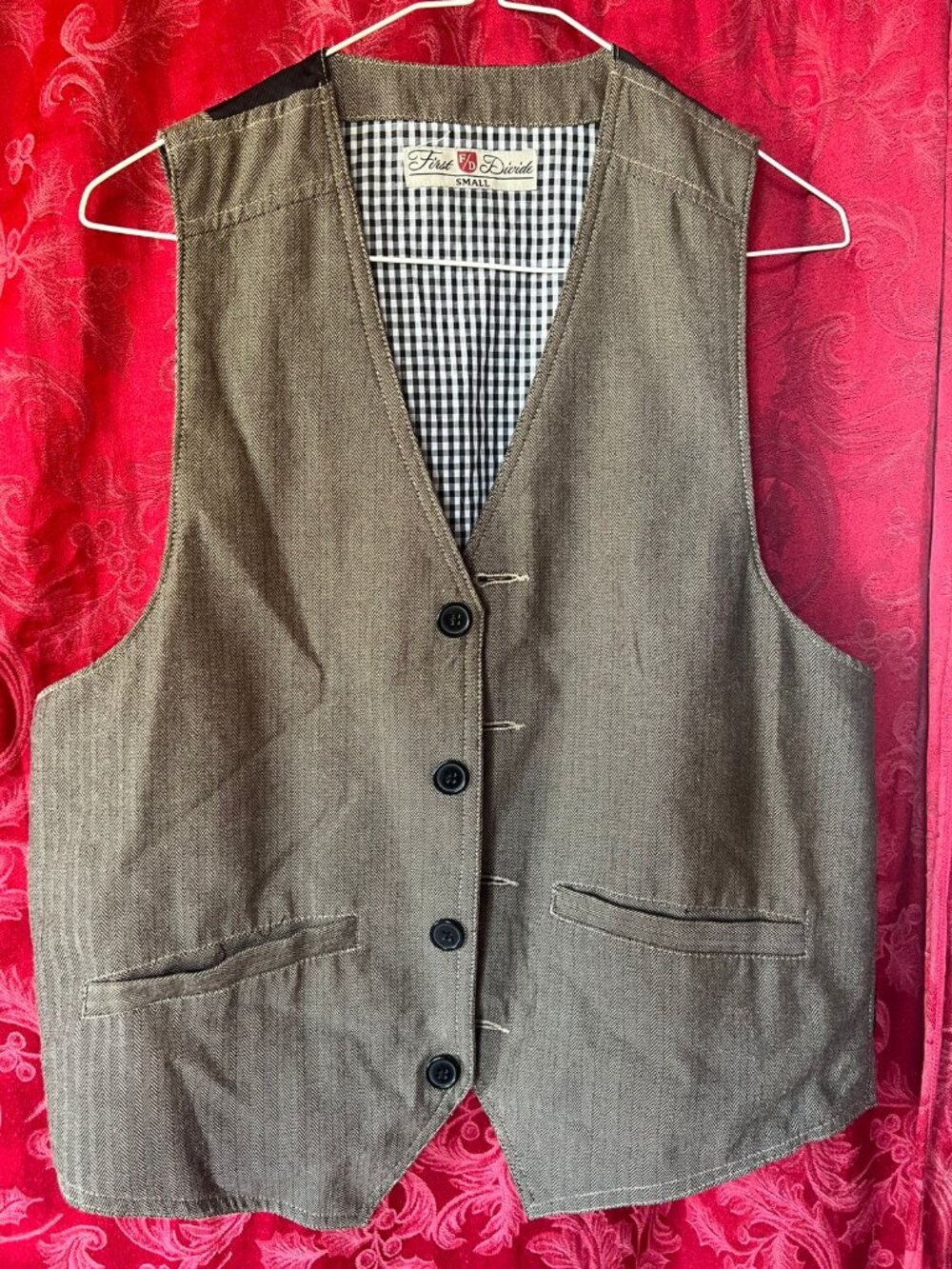 First Divide Herringbone Tweed Button Up Vest Gingham Lined Small